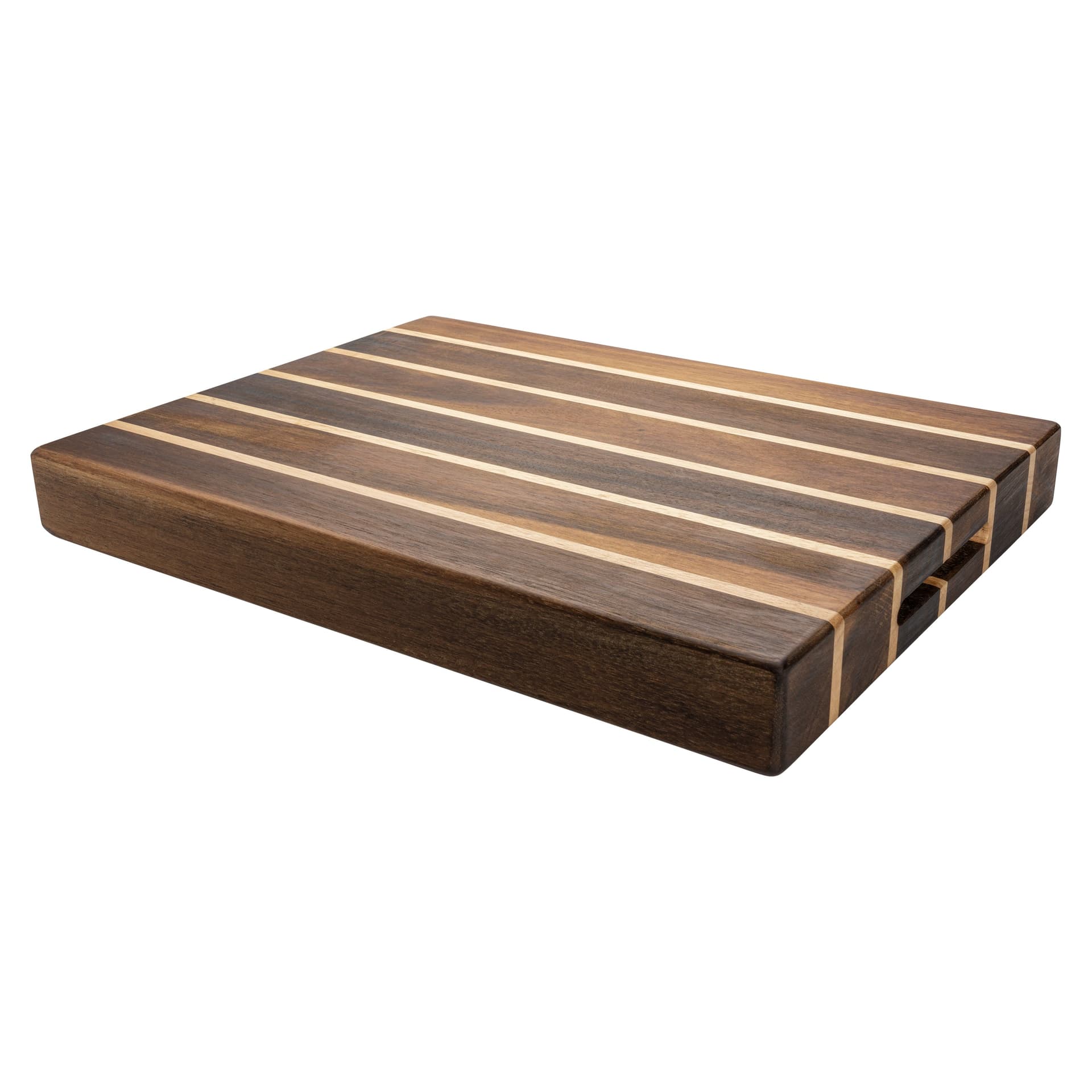 Rectangular acacia and rubberwood cutting board with parallel dark and light strips