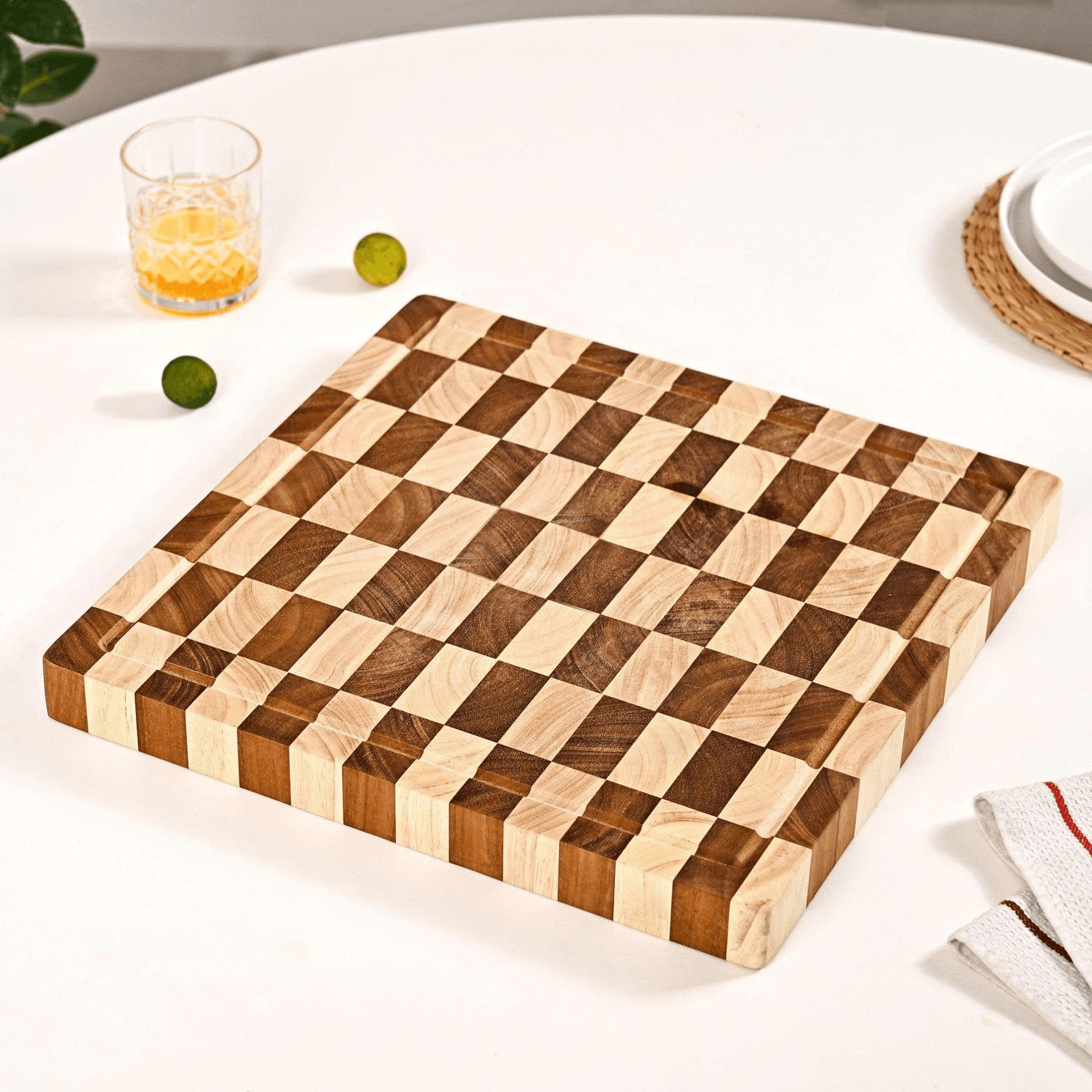 Square-format reference for an acacia and rubberwood checkerboard board