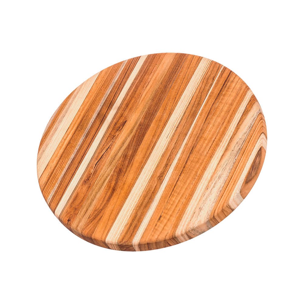 Round flat teak serving board for table presentation