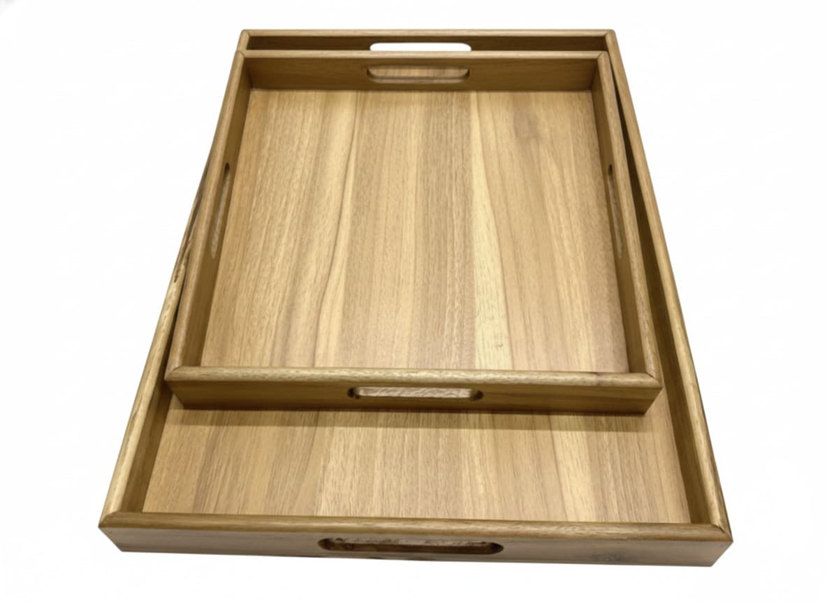 Set of acacia serving trays in graduated sizes with raised sides
