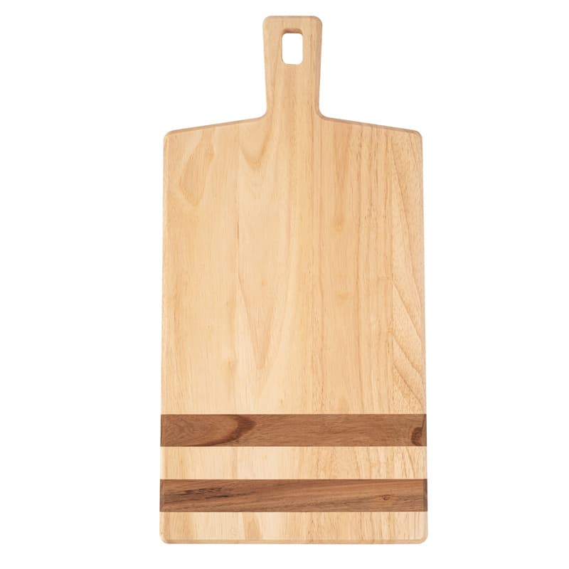 Related acacia and rubberwood paddle board with two dark accent strips rather than a fully repeated layout