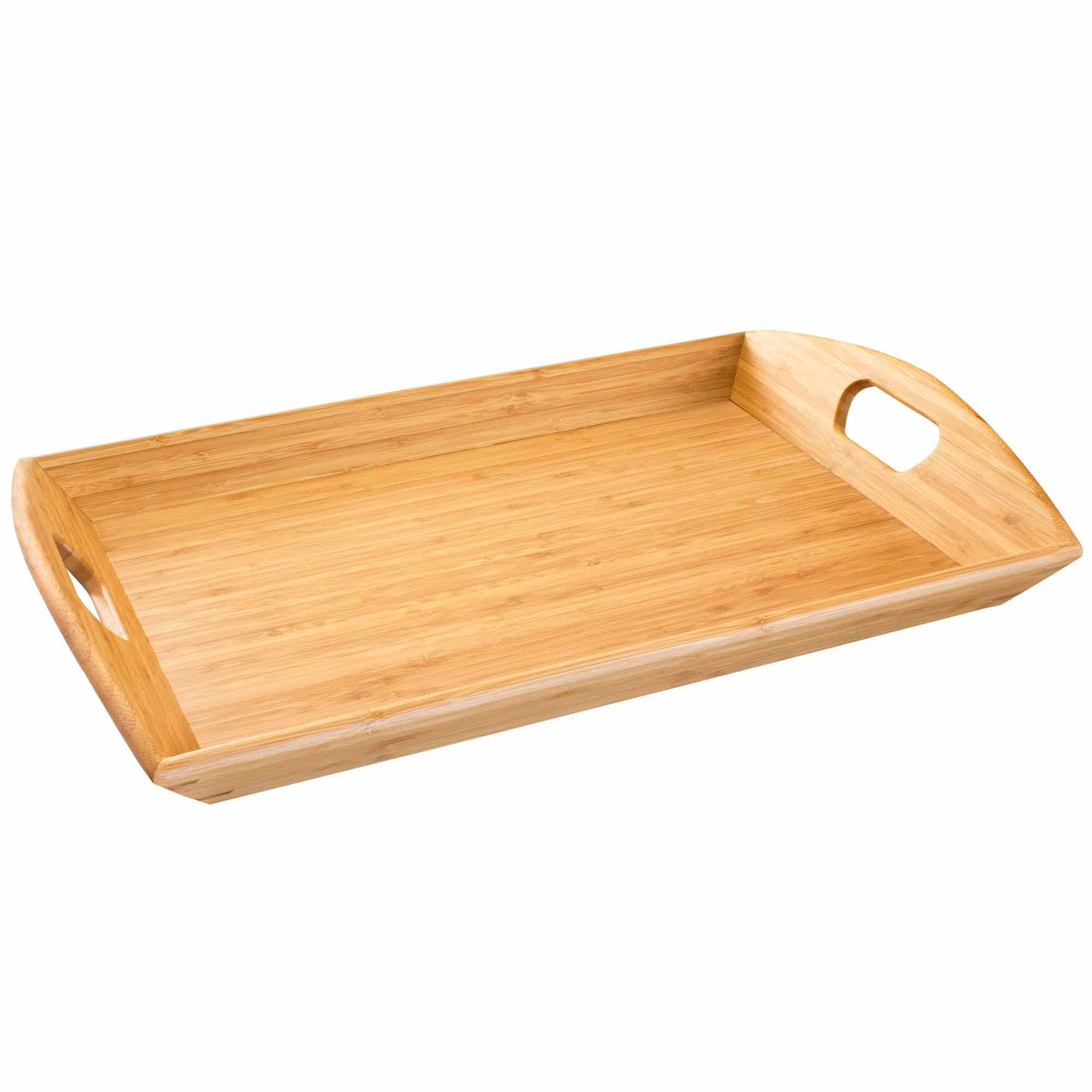 Rectangular bamboo serving tray with raised sides and carrying handles