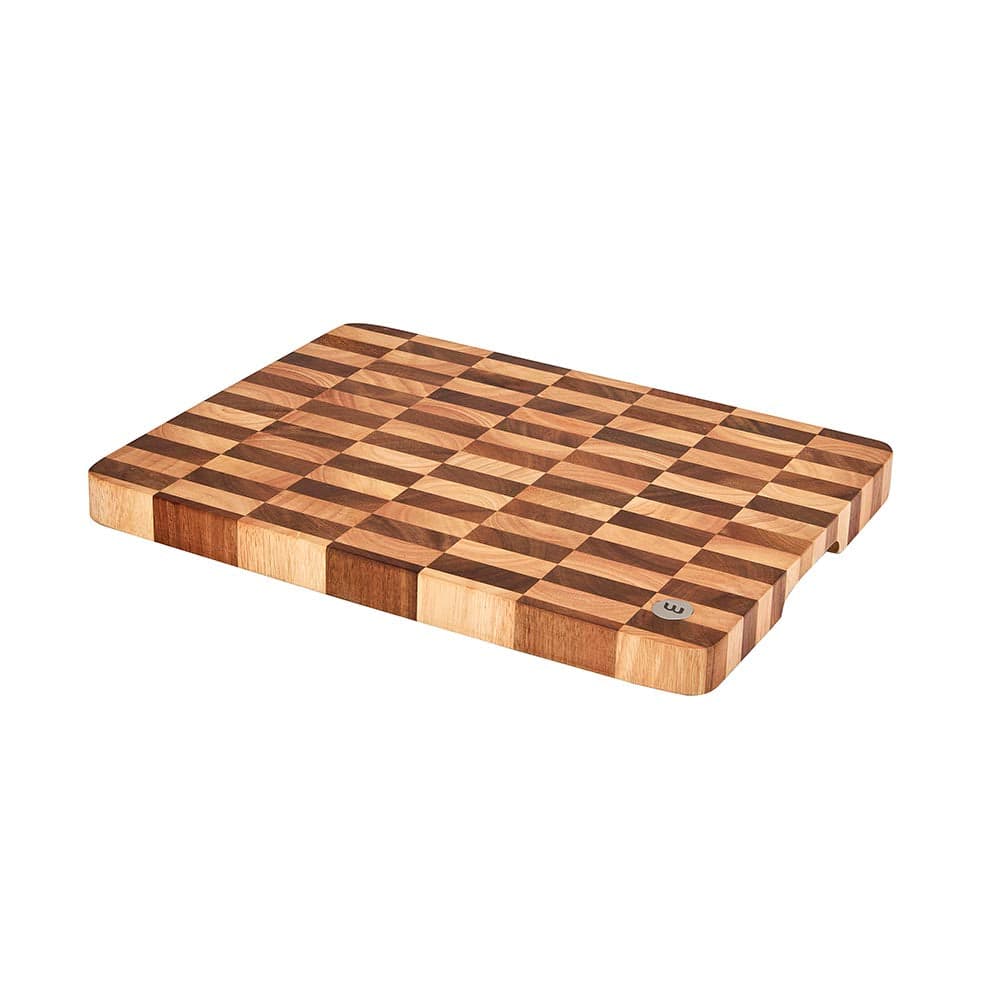 Rectangular acacia and rubberwood board with a checkerboard grid of dark and light square blocks