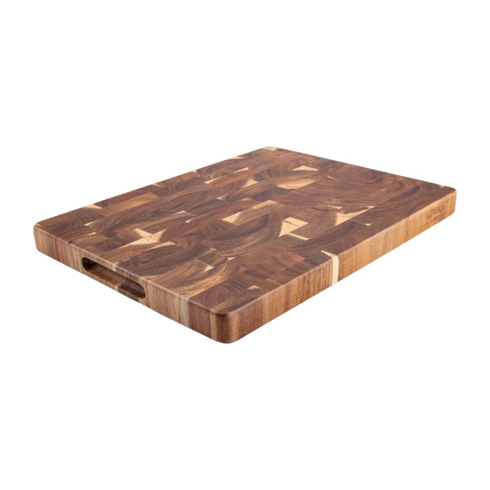 Acacia end-grain board used as a serving and presentation surface