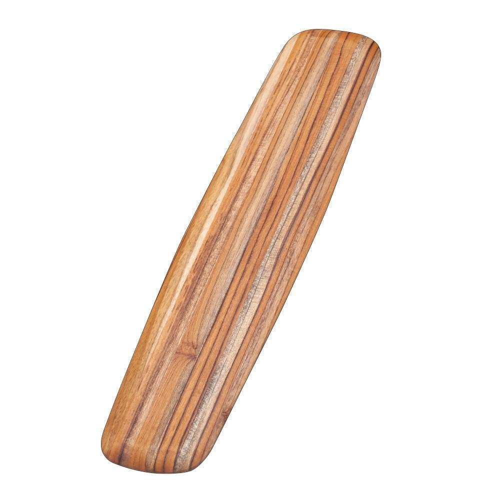 Long narrow teak serving board for bread and shared food presentation
