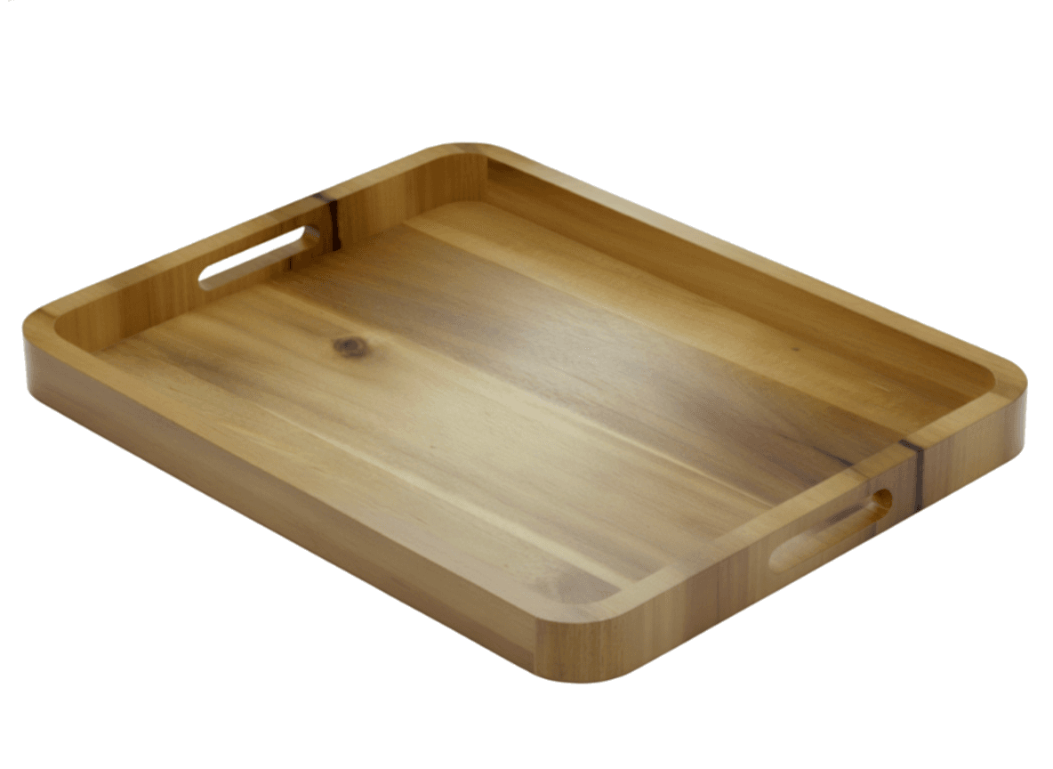 Rectangular acacia serving tray with raised sides and cut-out handles
