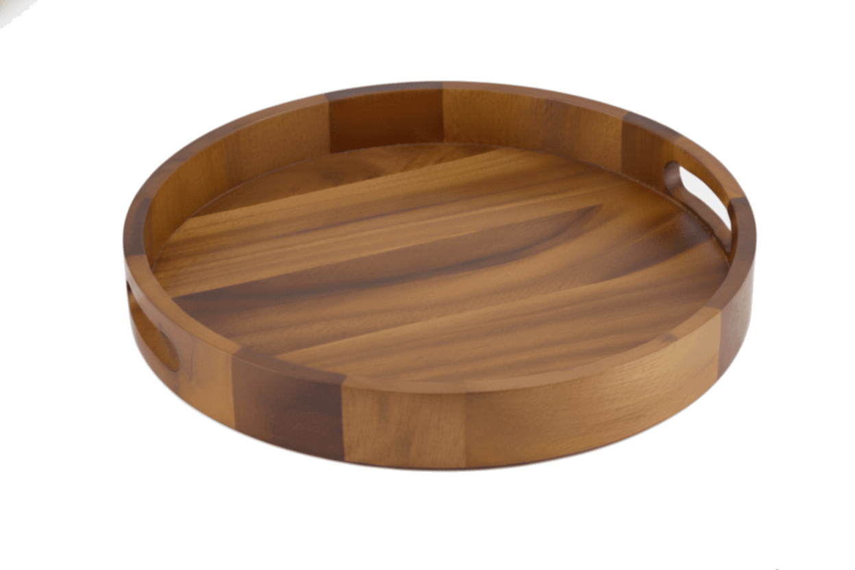 Round acacia tray with a raised perimeter rim